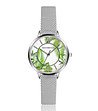 Сребрист дамски часовник с бял циферблат и принт на зелени листа Erin-0 снимка