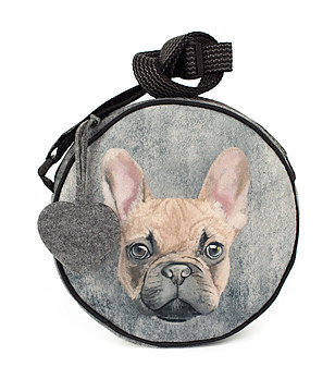 Сива кръгла дамска чанта от филц с принт Куче снимка