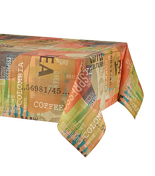 Многоцветна памучна тефлонова покривка с принт Coffee 150х150 см снимка