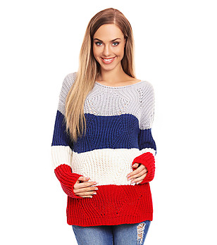 Дамски пуловер в бяло, синьо и червено Inetta снимка