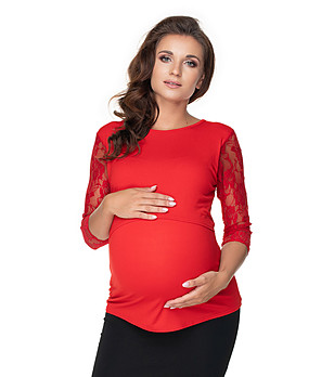 Червена дамска блуза за бременни с дантелени ръкави Jana снимка
