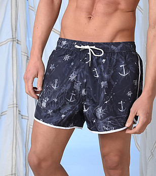 Мъжки плажни шорти в тъмносиньо с принт Timotty снимка
