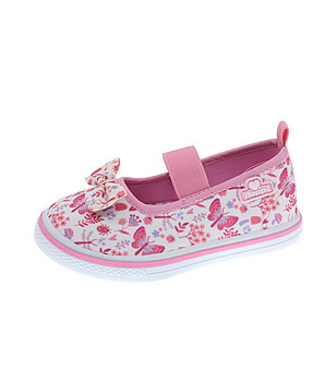 Детски обувки в бяло и розово с принт пеперуди снимка