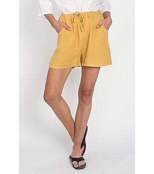 Ленени дамскки къси панталони Lona в цвят горчица снимка