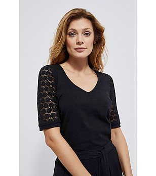 Черна памучна дамска блуза с ажурни ръкави Alita снимка