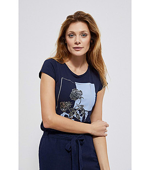 Дамска тъмносиня памучна блуза с щампа Karra снимка