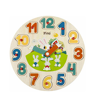 Дървен образователен пъзел с дръжки Часовник и числа - Зайчета снимка