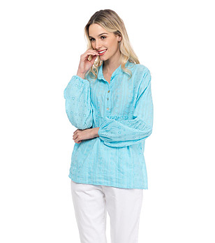 Синя памучна дамска блуза с копчета снимка