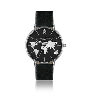 Черен дамски часовник с карта на света на циферблата Vacation  снимка