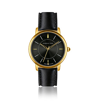 Дамски часовник в черно и златисто с кожена каишка Madeleine  снимка