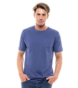 Памучна мъжка тениска в синьо с джоб Marek снимка