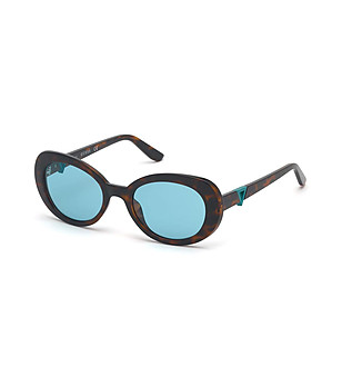 Дамски овални слънчеви очила в цвят хавана със сини лещи снимка