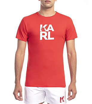 Памучна мъжка тениска в червен цвят с лого снимка