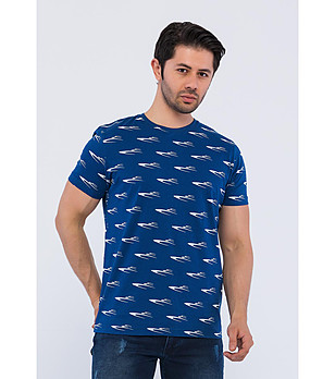Тъмносиня памучна мъжка тениска с принт снимка