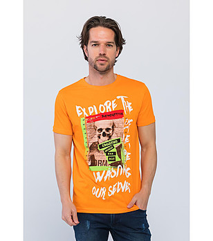 Памучна мъжка оранжева тениска с щампа снимка