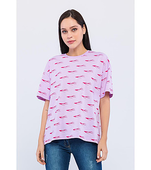Лилава памучна дамска тениска с принт снимка