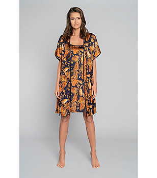 Черен дамски халат с къс ръкав и оранжев принт Monstera снимка