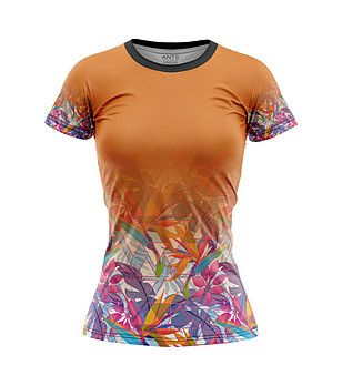 Дамска тениска в оранжево с флорален принт снимка