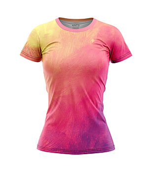 Дамска тениска от дишаща материя в жълто, розово и лилаво снимка