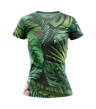 Дамска тениска от дишаща материя със зелен тропически принт снимка