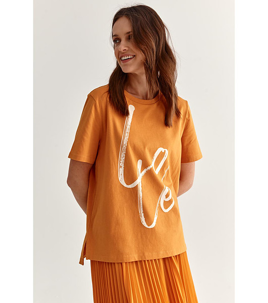 Оранжева дамска тениска от органичен памук с щампа Love снимка
