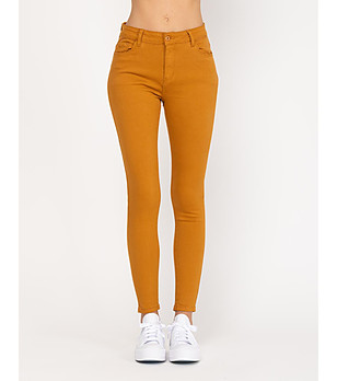 Памучен дамски слим панталон в цвят горчица Caris снимка