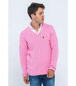 Розов памучен мъжки пуловер с плетеници Tommy снимка