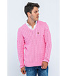 Розов памучен мъжки пуловер с плетеници Tommy-0 снимка