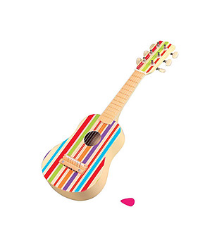 Дървена китара с цветни ленти снимка