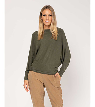 Дамски пуловер в цвят каки с прилеп ръкави Sanoma снимка