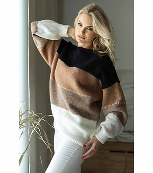 Дамски пуловер в екрю, черно и цвят капучино Tina снимка
