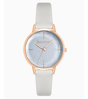 Дамски часовник със златист корпус и бяла каишка снимка