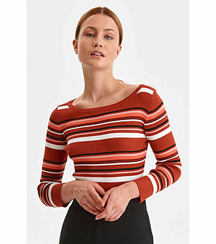 Мек дамски пуловер на райета в червени нюанси Yara снимка