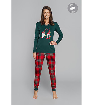 Памучна дамска пижама в зелено и червено Santa снимка