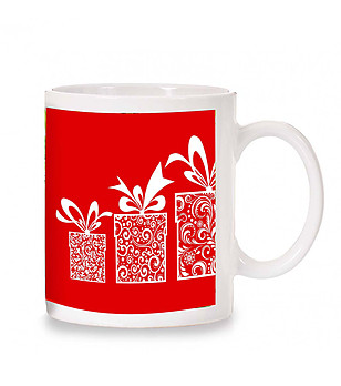 Керамична червена чаша с принт Подаръци снимка