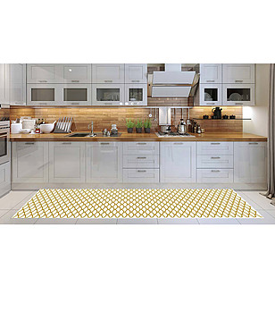 Пътека в бяло с принт в цвят охра 180х52 см снимка