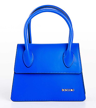 Малка дамска синя трапецовидна чанта от естествена кожа Rene снимка