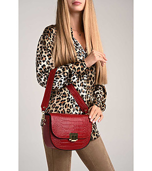 Червена дамска кожена чанта с кроко релеф Valerie снимка