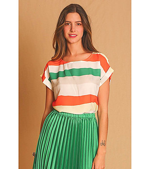 Дамска блуза на райе в екрю, оранжево и зелено снимка