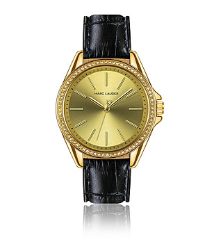 Златист дамски часовник с черна кожена каишка Cannes снимка