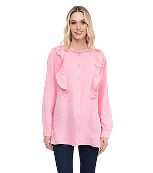 Розова дамска памучна риза с къдрички Tonina снимка