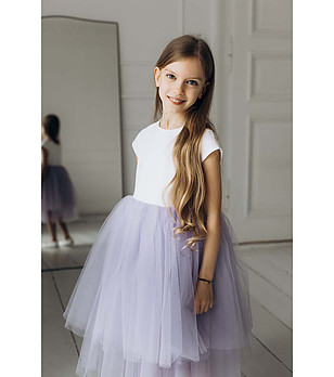 Детска рокля в бяло и лилаво с тюл Noemi снимка