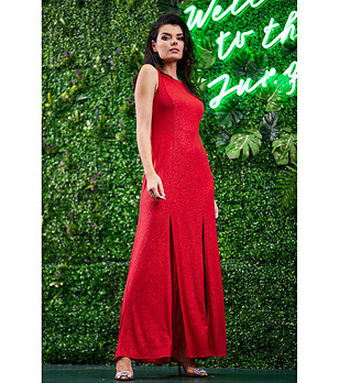 Дълга червена ефектна рокля с брокатен ефект Tonika снимка