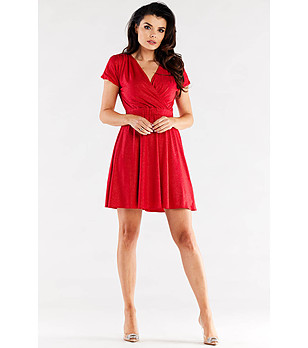 Елегантна рокля в червен нюанс с брокатен ефект Sara снимка