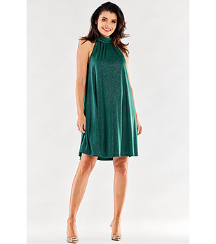 Ефектна трапецовидна рокля в зелен нюанс с брокатен ефект снимка