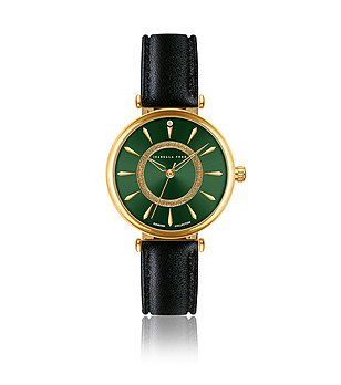 Златист часовник със зелен циферблат и черна каишка Ledora снимка