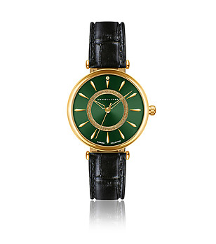 Часовник в златисто със зелен циферблат и черна каишка Ledora снимка