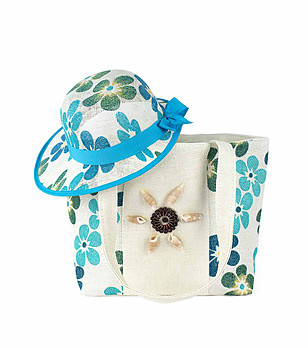 Плажен комплект от чанта и шапка с флорален принт в синьо Ina снимка