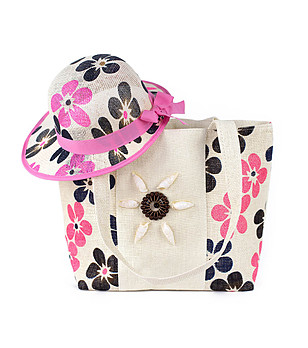 Плажен комплект от чанта и шапка с флорален принт в розово Ina снимка