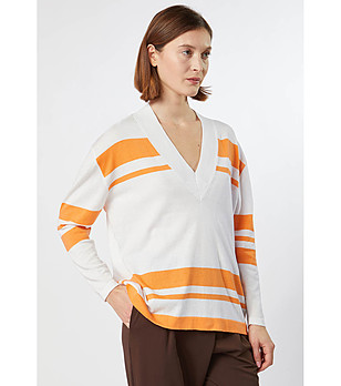 Дамски памучен пуловер в екрю и оранжево Ksenia снимка